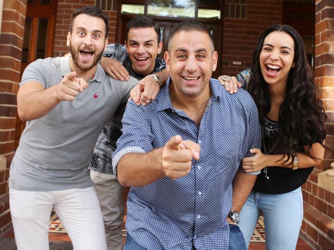 Tyler De Nawi (second from left) with his Here Come The Habibs co-stars Sam Alhaje, Rob Shehadie and Kat Housos.