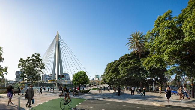 Brisbane City Council has fast-tracked the new green bridges, including this Kangaroo Point one. Picture: Artist’s impression.