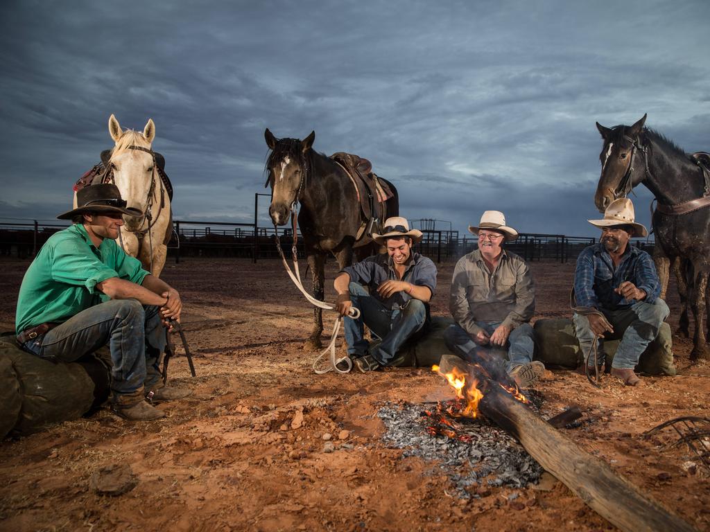 Leading hand Jamie Kunze, Macumba Station Manager Eddie Nunn with Stockmen Jake Coulthard and Cooper Bales during mustering at Macumba Station, Oodnadatta. Picture: Matt Turner.