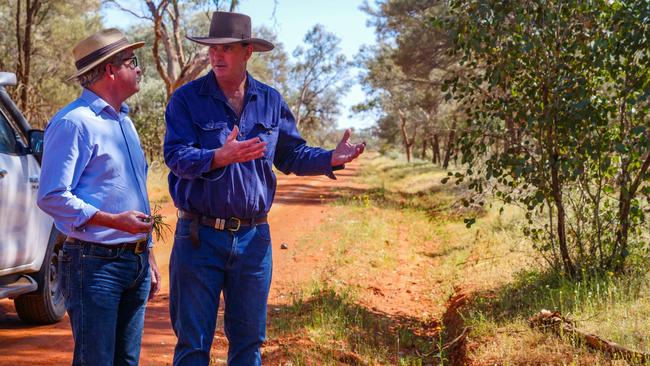 CEO of the Carbon Market Institute, John Connor, inspecting grazier David Fisher’s carbon farming project near Bourke in western NSW.