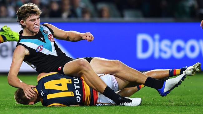 Mitch Georgiades was all over the Crows on Saturday night. Picture: Mark Brake/Getty Images