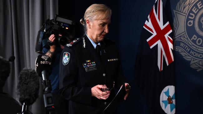 Queensland Police Commissioner Katarina Carroll announces her resignation at police headquarters in Brisbane on Tuesday. Picture: Dan Peled/NCA NewsWire