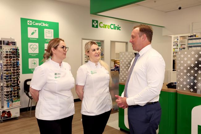 Queensland Premier Steven Miles doing a walk through the Canelands Shopping centre in Mackay, Premier meeting Kellie (left) the pharmacy manager at Terry White Chemists Picture Adam Head