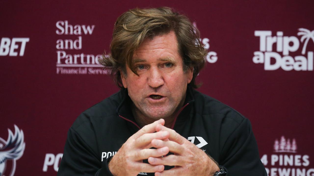 SYDNEY, AUSTRALIA - NCA NewsWire Photos - July 26, 2022: Manly Sea Eagles Coach Des Hasler addresses the media ina press conference in Sydney. Manly has been plunged into chaos with a host of players considering pulling out of Thursday nightâ&#128;&#153;s clash against the Sydney Roosters because of the clubâ&#128;&#153;s inclusive jersey. Picture: NCA Newswire / Gaye Gerard