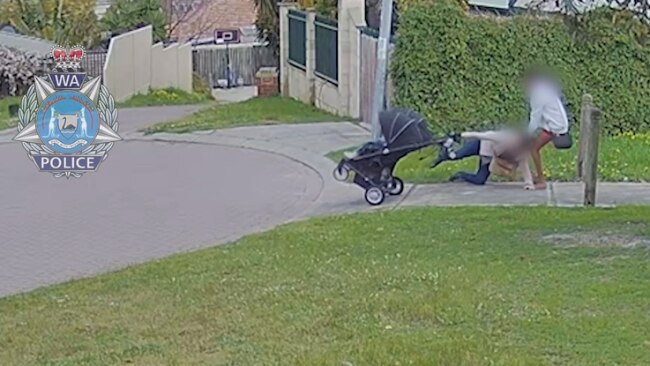 The pram being pushed by the 37-year-old mother topples from the force of being pulled away. Picture: WA Police