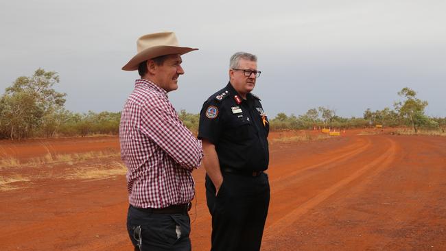 Chief Minister Michael Gunner with NT Police Commissioner Jamie Chalker (right) yesterday checking on the NT’s border controls. Picture: Supplied