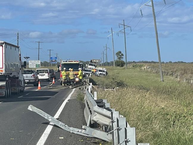 A male truck driver suffered serious leg and neck injuries after he vehicle crash into a gully north of Warwick, February 23, 2023.