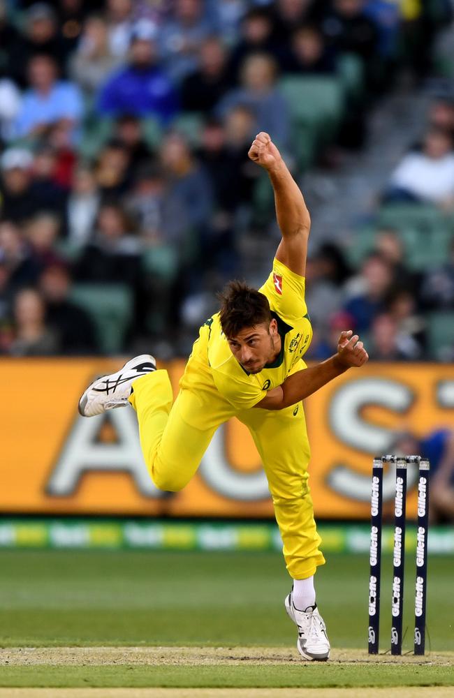 Marcus Stoinis bowls during the first ODI against England. Picture: AAP/Joe Castro