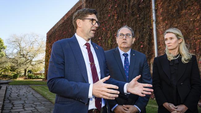 Toowoomba Regional Council mayor Geoff McDonald (left) and deputy mayor Rebecca Vonhoff talk to media after the appointment of new CEO Sal Petroccitto OAM, Wednesday, May 28, 2025. Picture: Kevin Farmer