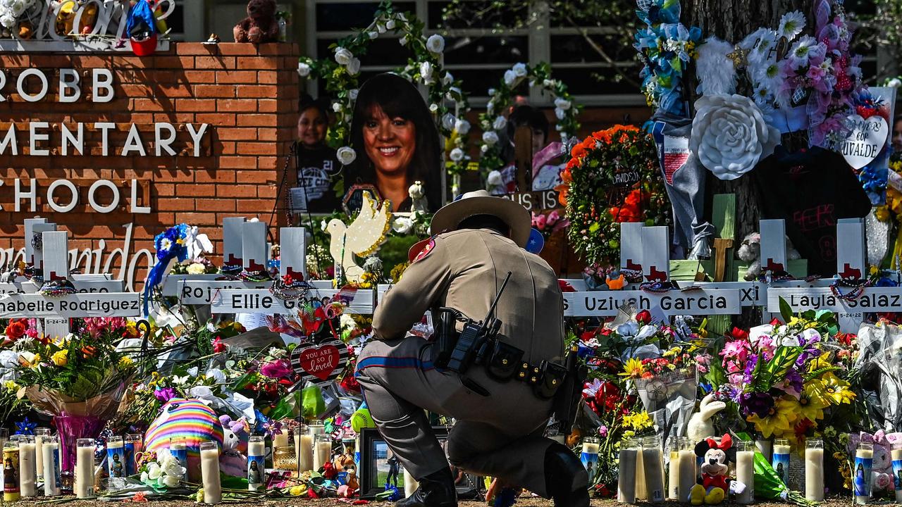 A makeshift memorial has been erected outside Robb Elementary School in Uvalde, Texas. Picture: Chandan Khanna/AFP