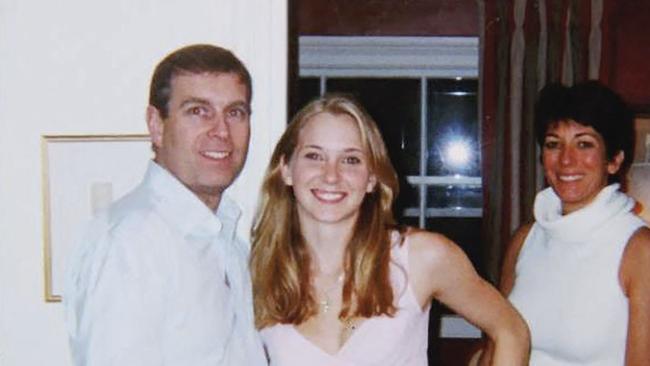 An undated photo released on August 9, 2021, shows Prince Andrew, Virginia Giuffre, and Ghislaine Maxwell posing for a photo. Picture: Handout / US District Court