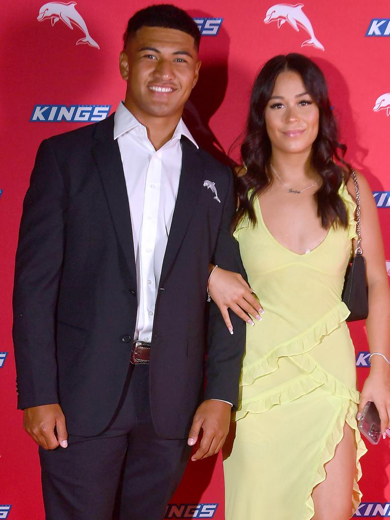 Isaiya Katoa and Tipuni Matai on the red carpet at the Dolphins’ season launch. Picture: John Gass