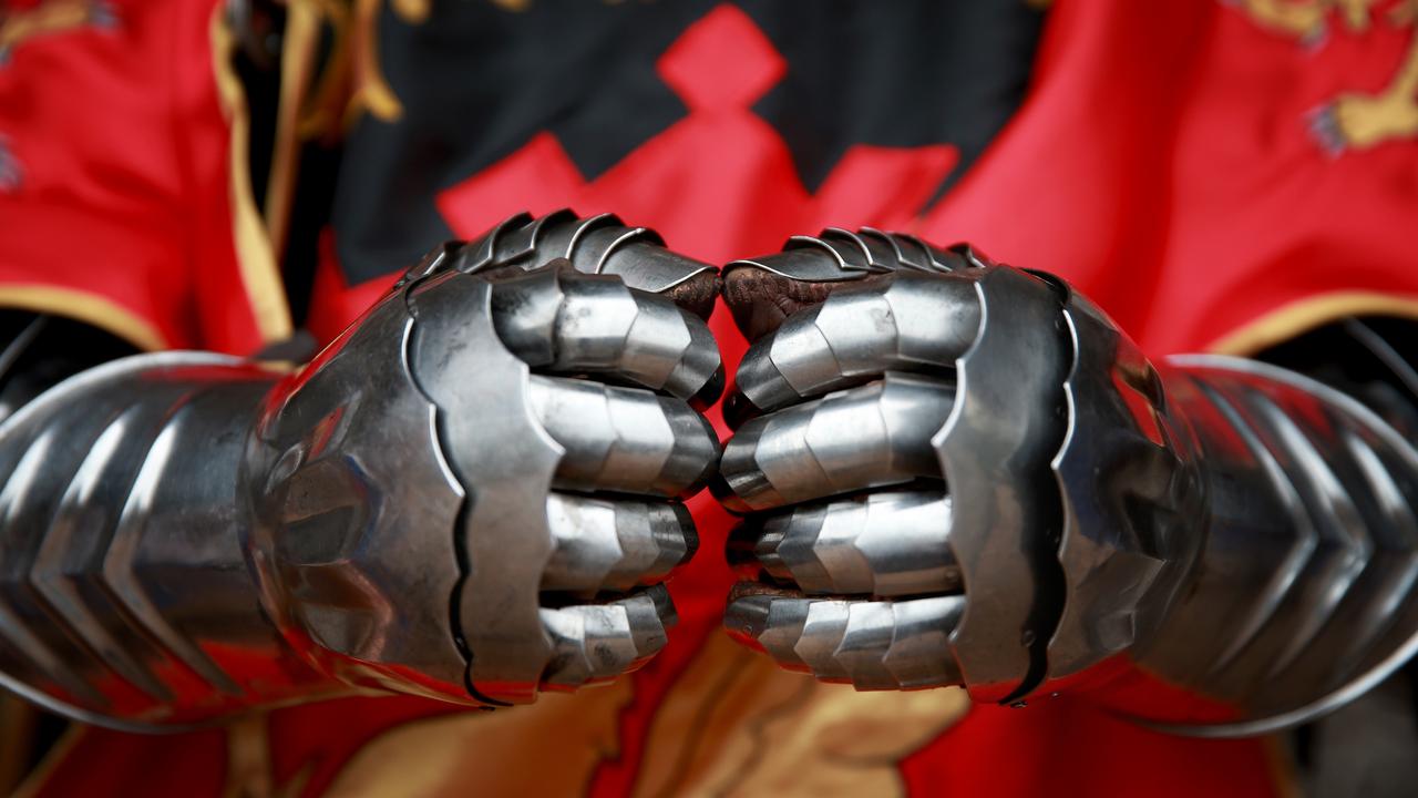 The metal gloves of Phillip Leitch’s armour. Picture: Andy Rogers