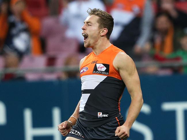 Greater Western Sydney's Devon Smith celebrates a goal against Collingwood.