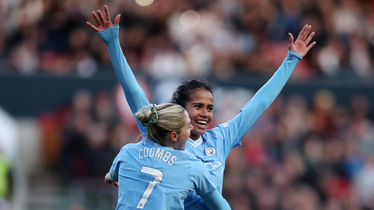 BRISTOL, ENGLAND – APRIL 28: Mary Fowler of Manchester City celebrates with Laura Coombs of Manchester City after scoring her team's first goal during the Barclays Women's Super League match between Bristol City and Manchester City at Ashton Gate Stadium on April 28, 2024 in Bristol, England. (Photo by Ryan Hiscott/Getty Images)