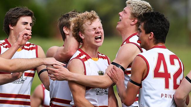 Harry Tunkin (c) celebrates a goal the 2020 All Schools Cup Grand Final between Prince Alfred and Henley High School. Picture: Mark Brake