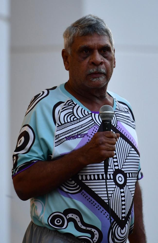 Larrakia man Eric Fejo spoke outside the NT Parliament on Wednesday during a vigil for Kumanjayi White, a 24-year-old Yuendumu man with a disability who died after being restrained by police in the Alice Springs Coles. Picture: Zizi Averill