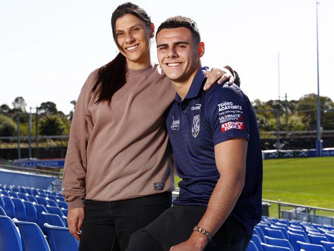 Dianne Kiraz with her son Jacob Kiraz, who has emerged as a cult figure at the Bulldogs. Picture: Richard Dobson