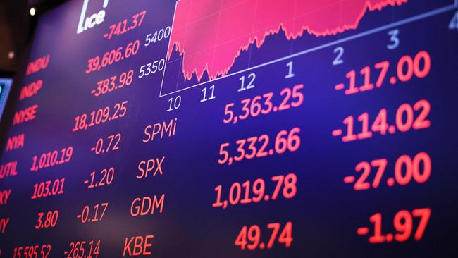 NEW YORK, NEW YORK - AUGUST 02: Stock market numbers are displayed on a screen at the New York Stock Exchange during afternoon trading on August 02, 2024 in New York City. Stocks closed low after the July jobs report showed a slow down in the labor market, with the Dow Jones closing with a loss of over 600 points after being nearly down 1000 points and Nasdaq closing at a loss of over 400 points.   Michael M. Santiago/Getty Images/AFP (Photo by Michael M. Santiago / GETTY IMAGES NORTH AMERICA / Getty Images via AFP)