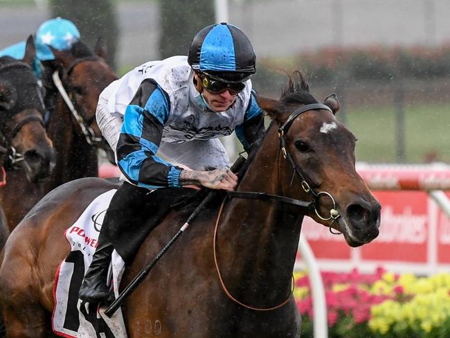 Flying Mascot (NZ) ridden by Blaike McDougall wins the Powerflo Solutions Tesio Stakes at Moonee Valley Racecourse on October 23, 2021 in Moonee Ponds, Australia. (Pat Scala/Racing Photos via Getty Images)