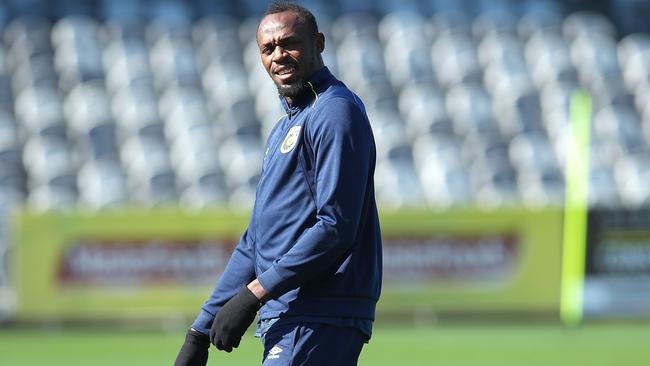 Usain Bolt during the Mariners’ first training session. Picture: Getty