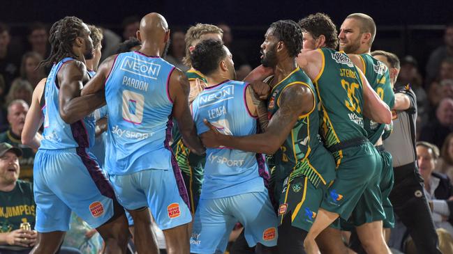 Tempers flared during the clash between New Zealand and Tasmania. Picture: Getty Images