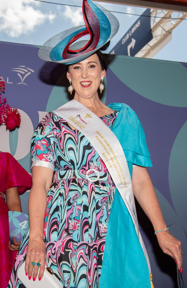 Sally Martin place third at the 2024 Darwin Cup Carnival Fashions on Field. Picture: Pema Tamang Pakhrin