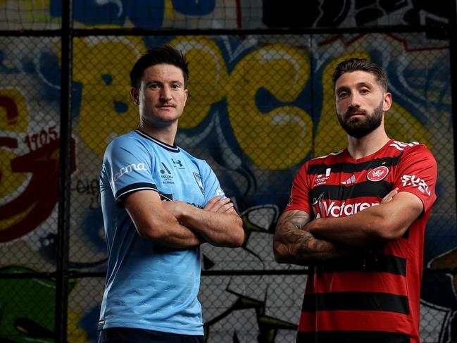 Sydney FC’s Joe Lolley (left) and Western Sydney’s Brandon Borrello are ready for Saturday night’s derby. Picture: Brendon Thorne/Getty Images for A-Leagues