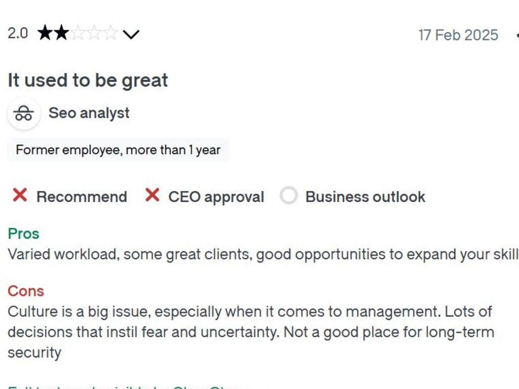 This drastically changed, with poor reviews flooding in. Picture: Glassdoor.