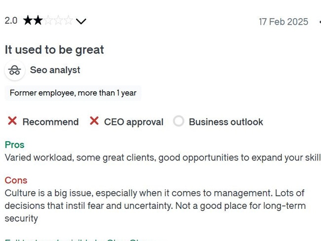 This drastically changed, with poor reviews flooding in. Picture: Glassdoor.