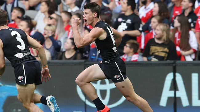 Sam Walsh kicked his first goal in AFL footy against the Swans. Picture: Michael Klein