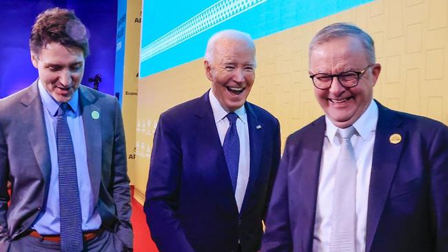 From left, former Canadian PM Justin Trudeau, former US president Joe Biden and Australian PM Anthony Albanese during the APEC Summit in Lima, November 2024. Picture: Handout / ANDINA / AFP