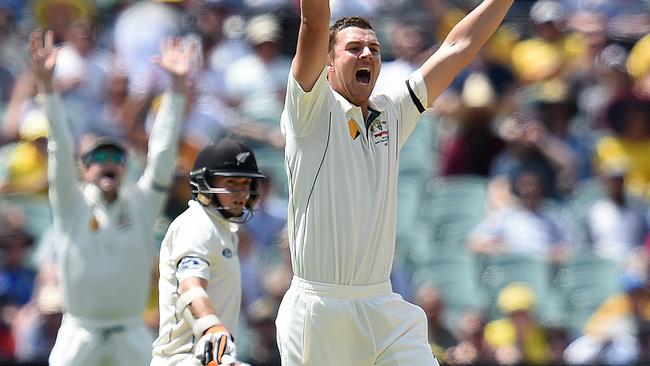 Australian bowler Josh Hazlewood appeals on day 1 of the third Trans-Tasman Test match between Australia and New Zealand at the Adelaide Oval in Adelaide, Friday, Nov. 27, 2015. (AAP Image/Dave Hunt) NO ARCHIVING, EDITORIAL USE ONLY, IMAGES TO BE USED FOR NEWS REPORTING PURPOSES ONLY, NO COMMERCIAL USE WHATSOEVER, NO USE IN BOOKS WITHOUT PRIOR WRITTEN CONSENT FROM AAP