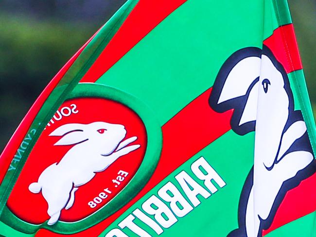 NRL Grand Final 2021.Rabbitohs Members and Supporters Open Training Session on the Gold Coast.Flag - Elsie Sharman, 7 and Tayla McBurney, 6.Picture: NIGEL HALLETT*** 0413153000 jade mum ***