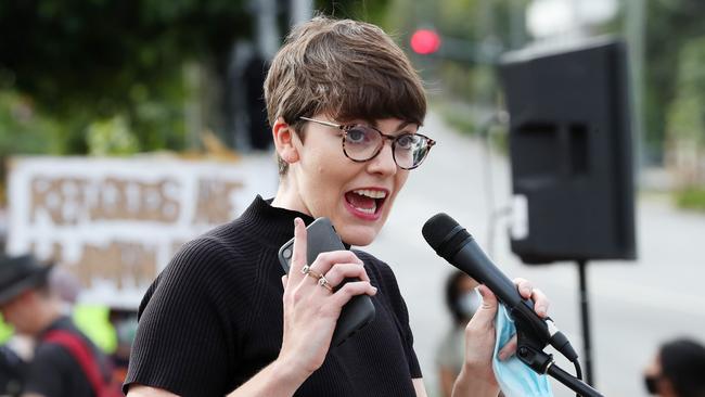 Greens candidate for South Brisbane Amy MacMahon speaks at a refugee protest in Main Street, Kangaroo Point last week. Picture: Liam Kidston.