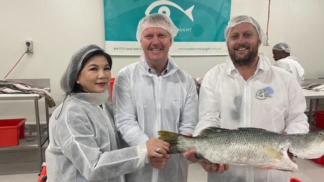 Yenna Ong, owner's representative, Agribusiness Minister Paul Kirby and Wild Barra Fisheries director Cameron Berryman director.