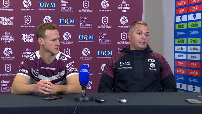 Manly captain Daly Cherry-Evans and coach Anthony Seibold speak after the loss to Newcastle.