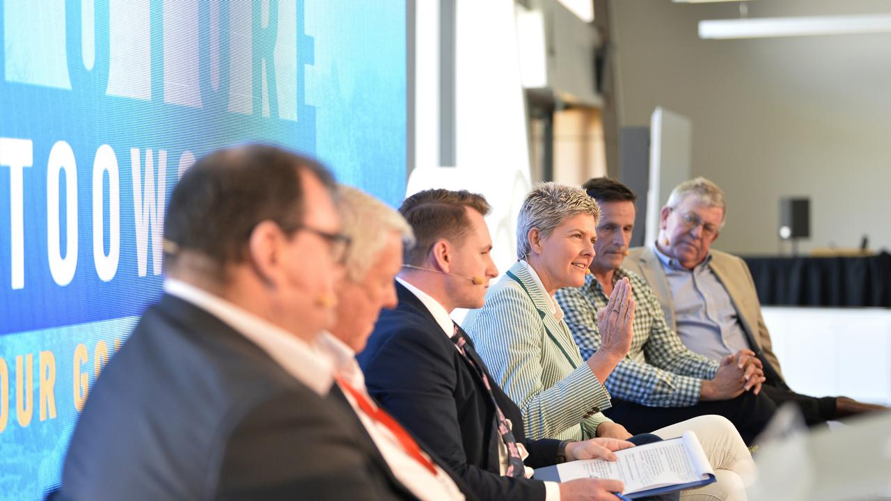 Future Toowoomba panel (from left) Mark Mason of TSBE, John Wagner of Wagner Corporation, Jordan Philp of The Chronicle, Olympian Nat Cook, Todd Rohl of Toowoomba Chamber and Mike Stewart of LJ Hooker during the panel discussion at Wellcamp Airport, Friday, December 3, 2021. Picture: Kevin Farmer