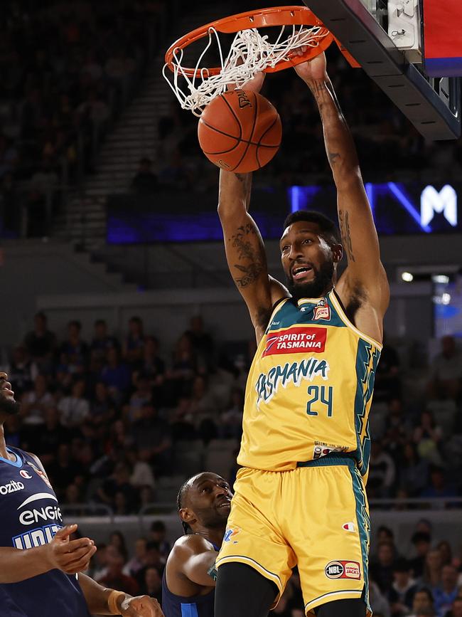 Marcus Lee yamming on Melbourne United. Picture: Getty Images