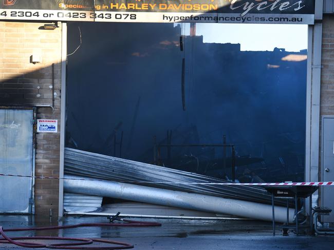 Fire destroyed the Hyperformance Cycles workshop at Ridgehaven. Picture: Roger Wyman