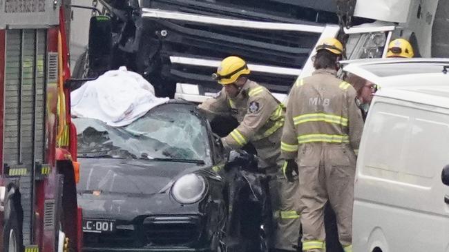 Pusey’s Porsche crushed by a truck on the Eastern Freeway. Picture: Scott Barbour