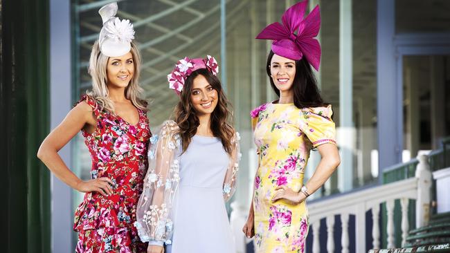 (L-R) Eleanor Smith, Shiloh Henderson and Tasmanian Racing Club Ambassador Alycia Hall all wearing millinery by Cessiah Alice at Elwick. PICTURE CHRIS KIDD