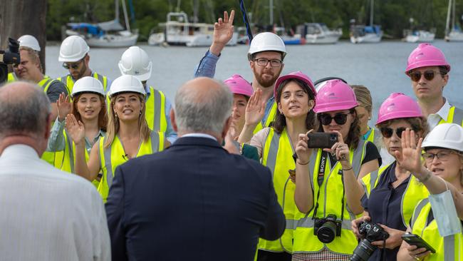 Reporters angle to get a question in with Scott Morrison. Picture: Jason Edwards