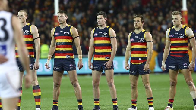 Will Adelaide repeat the “Crows stare” during the presentation of the national anthem before Friday night’s home preliminary final with Geelong at Adelaide Oval. Picture: Sarah Reed