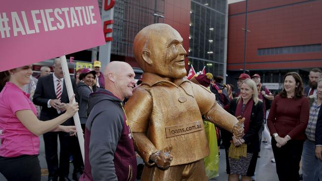 Qld Premier Annastacia Palaszczuk, MP Kate Jones and Allan Langer at Suncorp stadium to talk about statue to honour ‘Alfie’. Picture: AAP