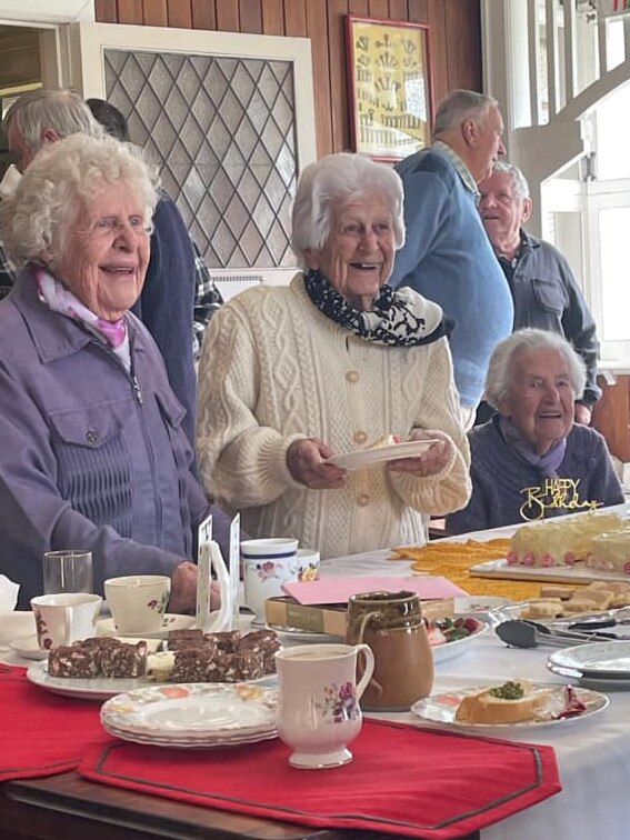 Enid Hamilton (middle) celebrates her 100th birthday with school friends Val White and Pearl Butler at one of her three birthday parties. Photo: Contributed / Jo Bridgwater