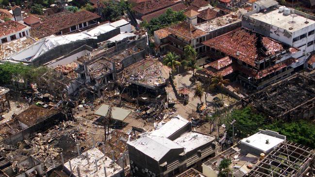 The wreckage of the Sari Nightclub and surrounding buildings following the Bali bombings in 2002. Picture: File