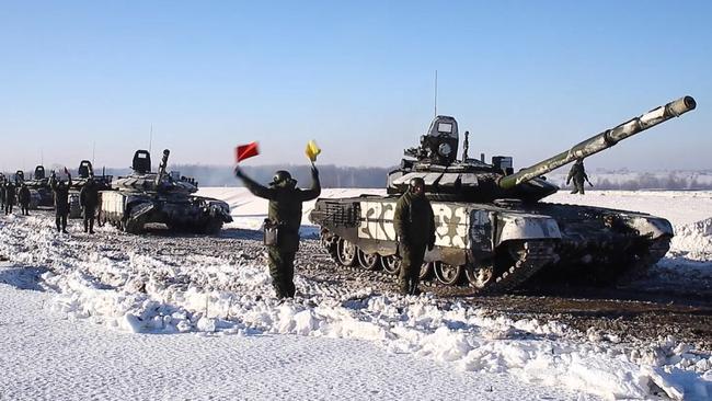 Russian tanks head back to home base after joint exercises with Belarus forces near the Ukrainian border. Picture: Russian Defence Ministry/AFP