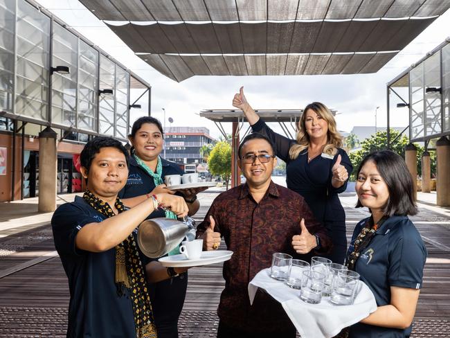 Left to right, Kadek Agus Aditya Dwipayana, Ni Luh Putu Indraswari, Mayor of Denpasar, I Gusti Ngurah Jaya Negara, Kathryn Stenson, GTNT chief executive, and Paramitha Ni Made Mahaputr for the City of Darwin Denpasar delegation. Picture: Helen Orr