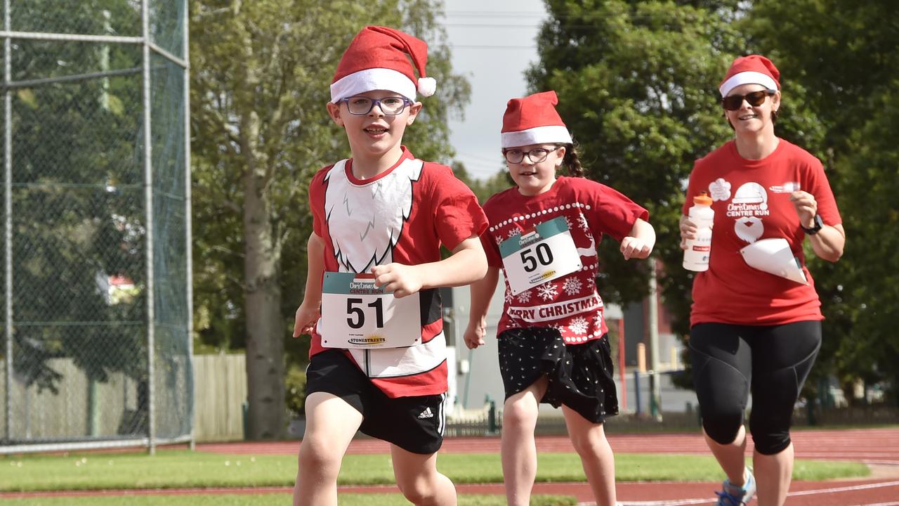 Elijah Douglas with his sister Arwen and mum Melody Douglas off to a flying start in the Toowoomba Hospital Foundation, Christmas centre run. December 2017